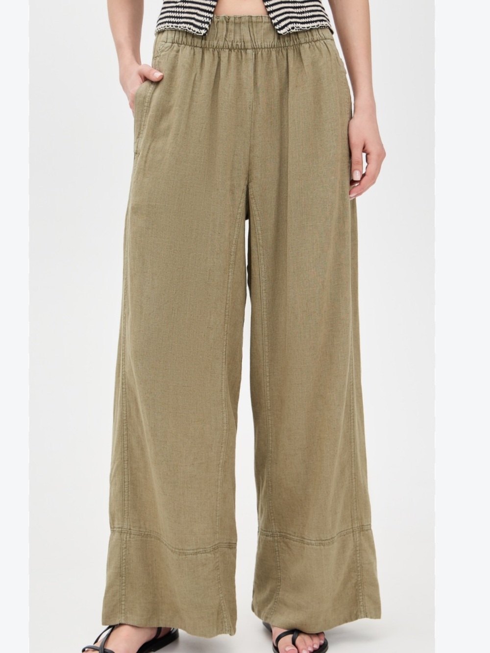 Free People NEW Days End Linen Pull On Pants Green Size Medium Boho Relaxed